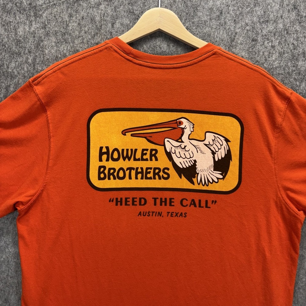 Howler Brothers Men's T-Shirt Large Orange Short Sleeve Pelican Badge - Picture 7 of 8